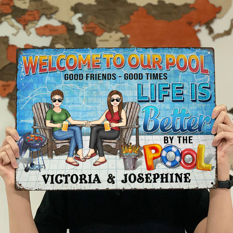 Swimming Pool Family Couple Life Is Better By The Pool - Couple Gift - Personalized Custom Classic Metal Signs - Image 4