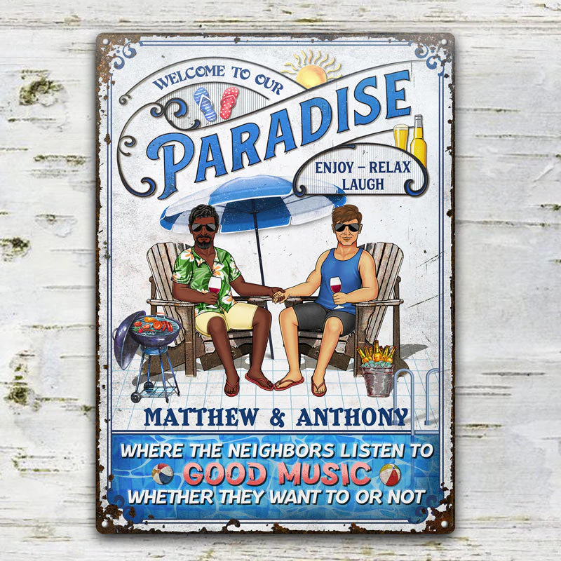 Swimming Pool Family Couple Listen To The Good Music - Pool Sign - Personalized Custom Classic Metal Signs - Image 2