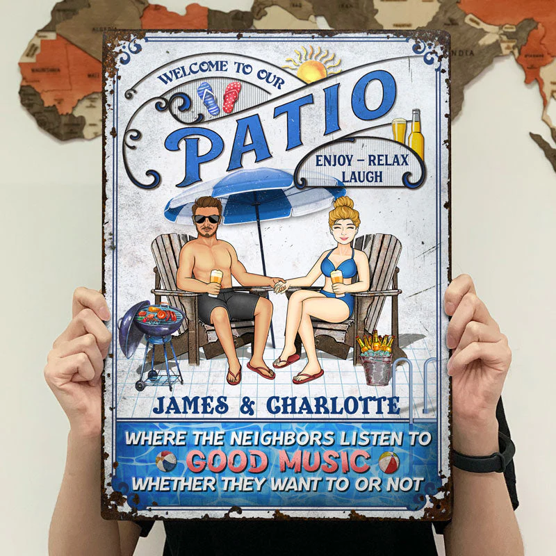 Swimming Pool Family Couple Listen To The Good Music - Pool Sign - Personalized Custom Classic Metal Signs - Image 4