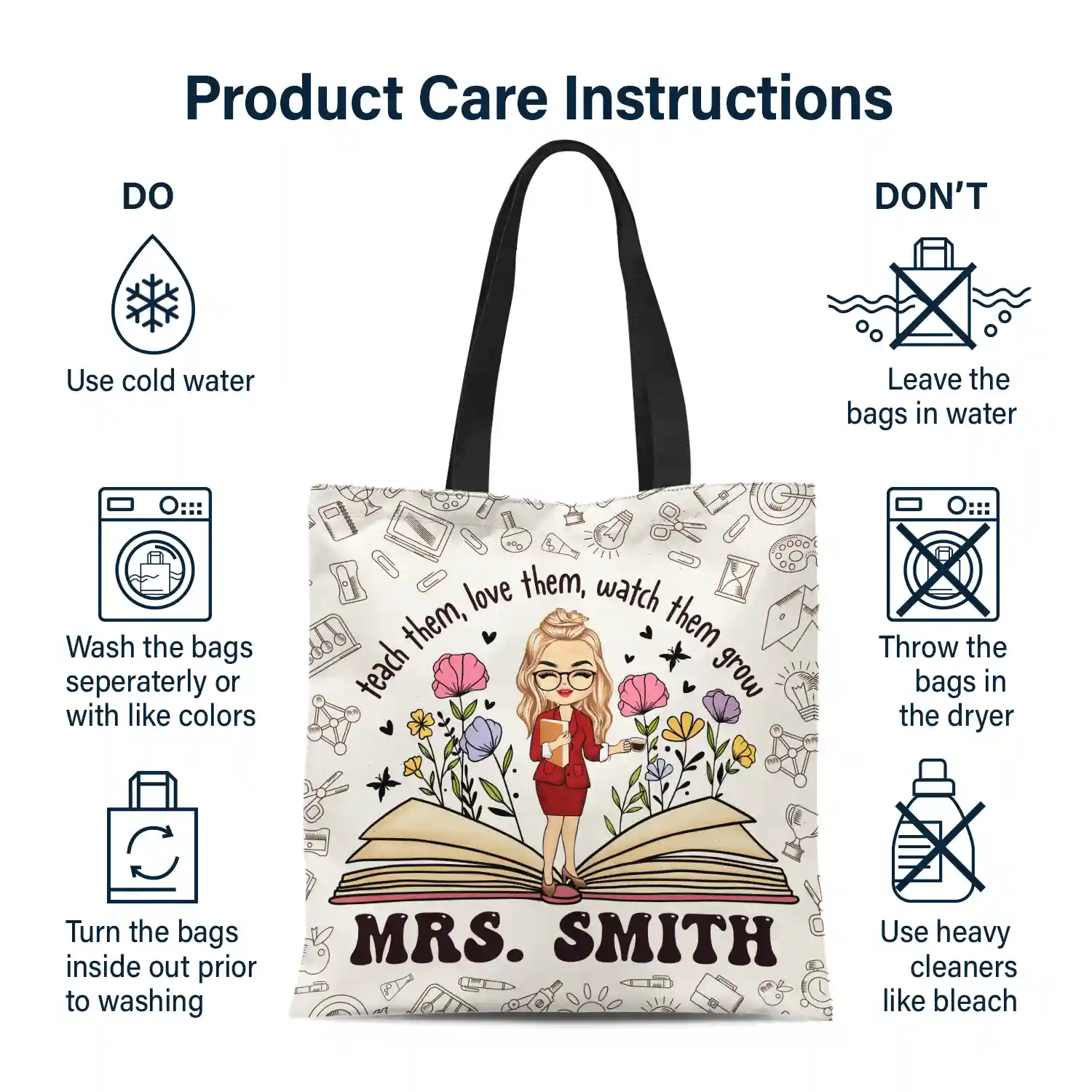 Teach Them Love Them Watch Them Grow Teacher - Personalized Zippered Canvas Bag - Image 6
