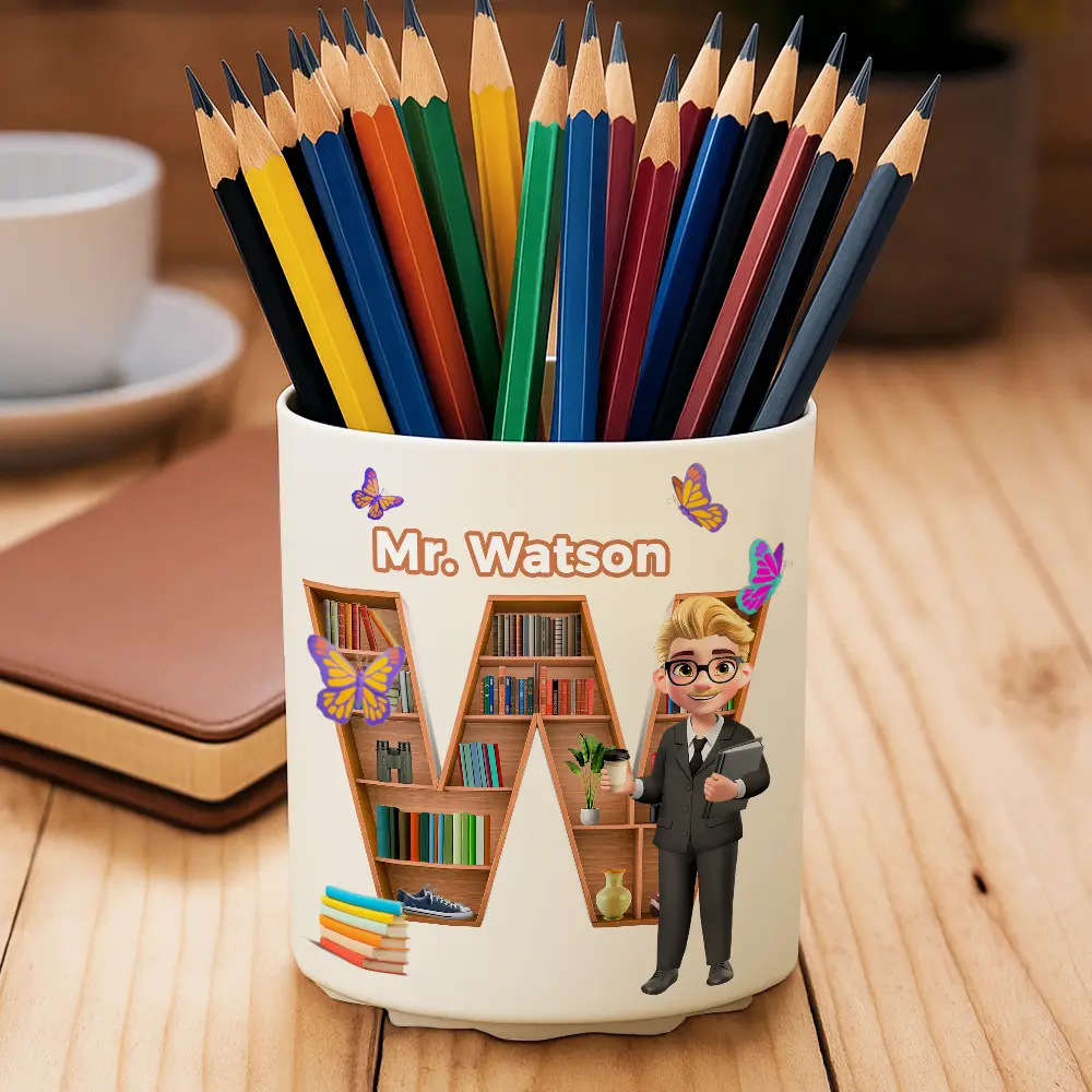 Teacher Alphabet Bookshelf Letter - Personalized Rotating Pen Holder - Image 2
