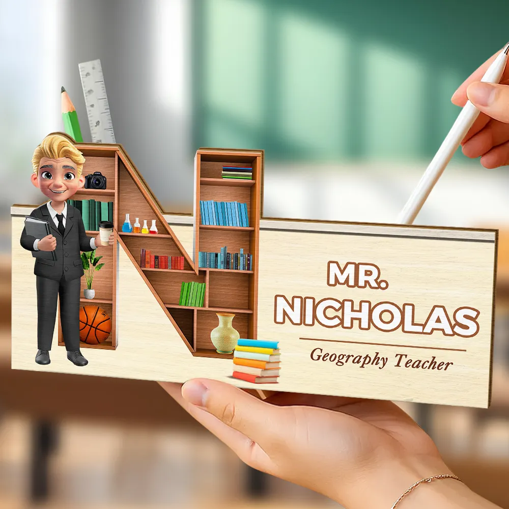 Teacher Alphabet Bookshelf Letter - Personalized Wooden Pen Pencil Holder - Image 3