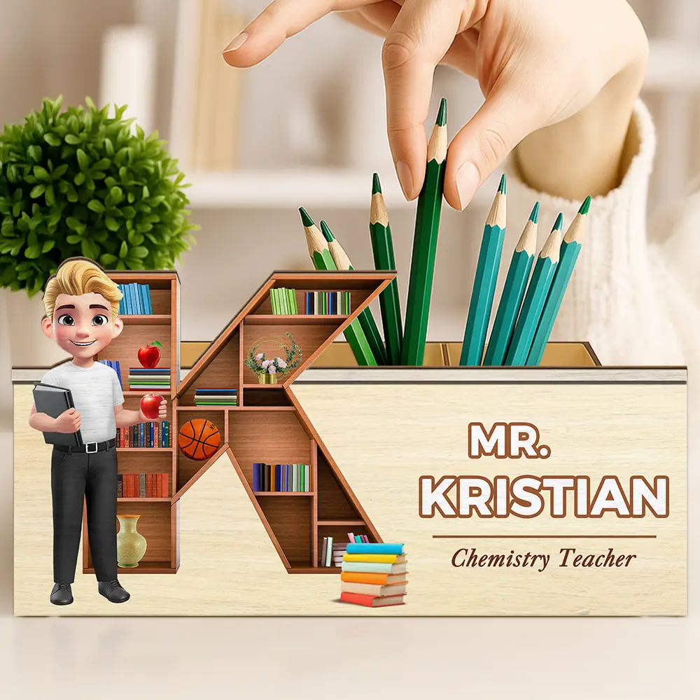 Teacher Alphabet Bookshelf Letter - Personalized Wooden Pen Pencil Holder - Image 4