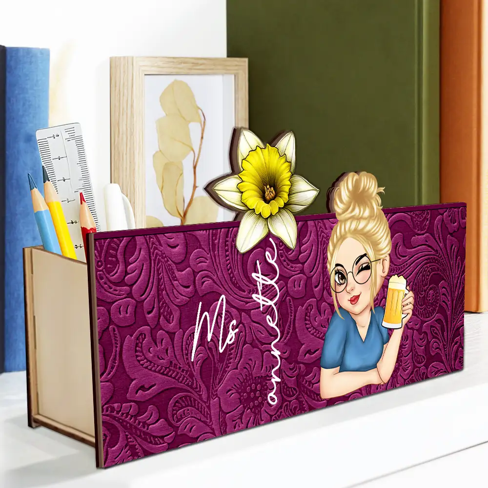 Teacher Birth Flower Bloom Where You're Planted Woman - Personalized Wooden Pen Pencil Holder - Image 2