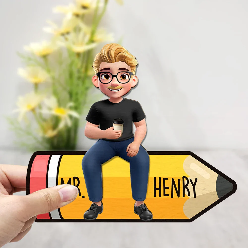 Teacher Sitting On The Pencil - Personalized 2-Layered Wooden Plaque With Stand - Image 3