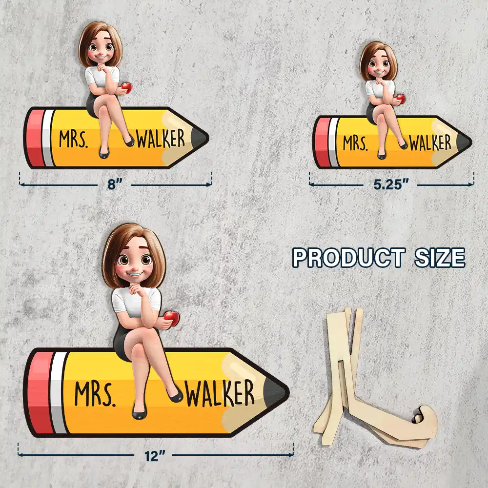Teacher Sitting On The Pencil - Personalized 2-Layered Wooden Plaque With Stand - Image 4