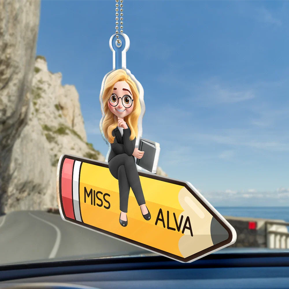 Teacher Sitting On The Pencil - Personalized Acrylic Car Hanger - Image 2