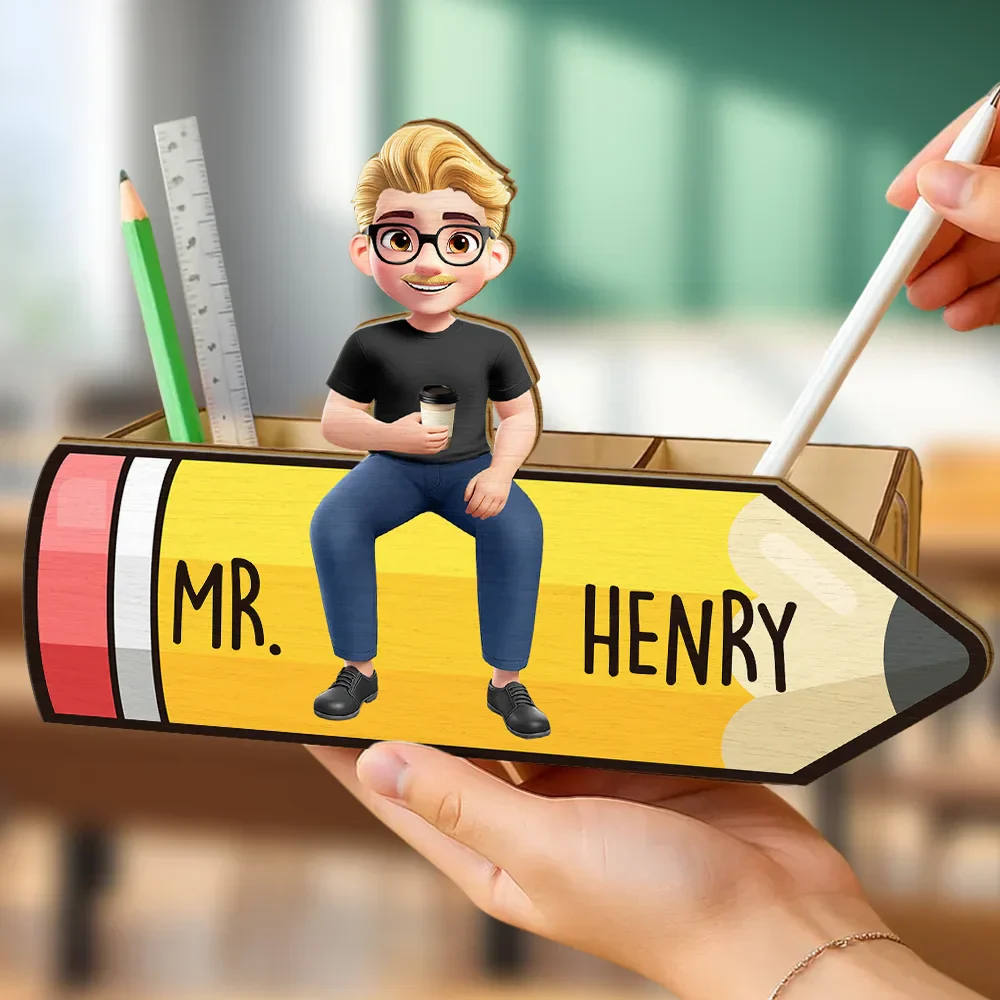 Teacher Sitting On The Pencil - Personalized Wooden Pen Pencil Holder - Image 3