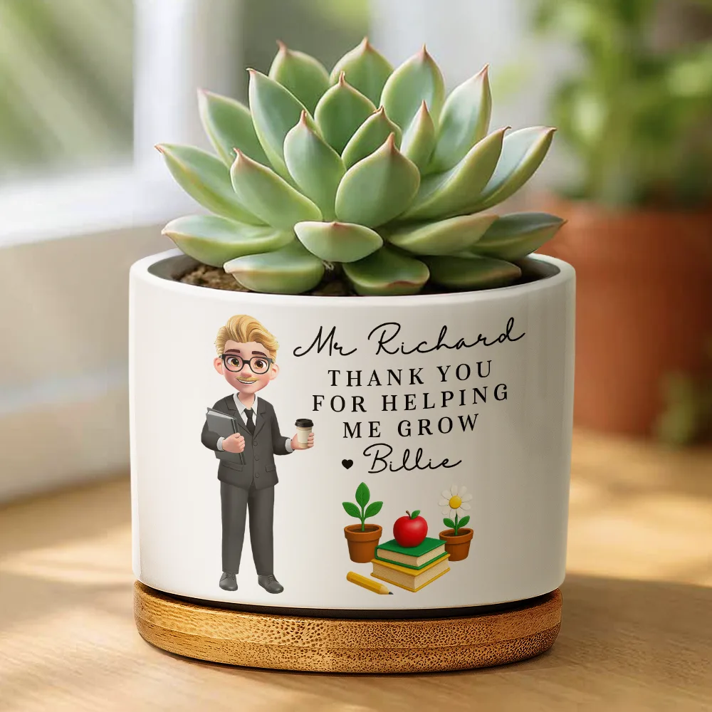 Teacher Thank You For Helping Me Grow - Personalized Ceramic Plant Pot - Image 2