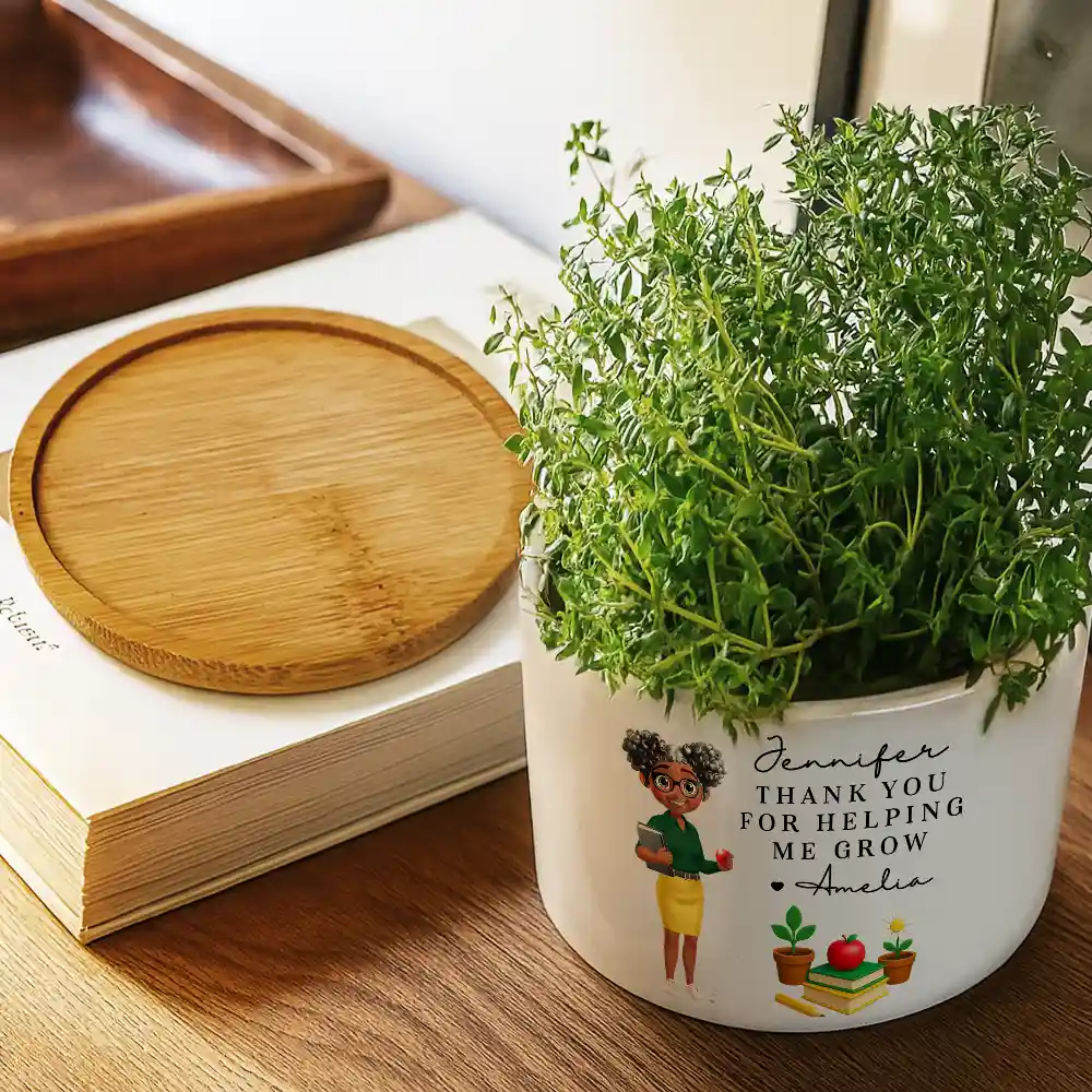 Teacher Thank You For Helping Me Grow - Personalized Ceramic Plant Pot - Image 3