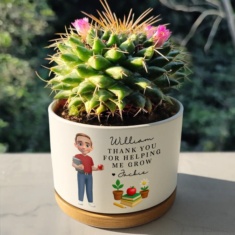 Teacher Thank You For Helping Me Grow - Personalized Ceramic Plant Pot - Image 4