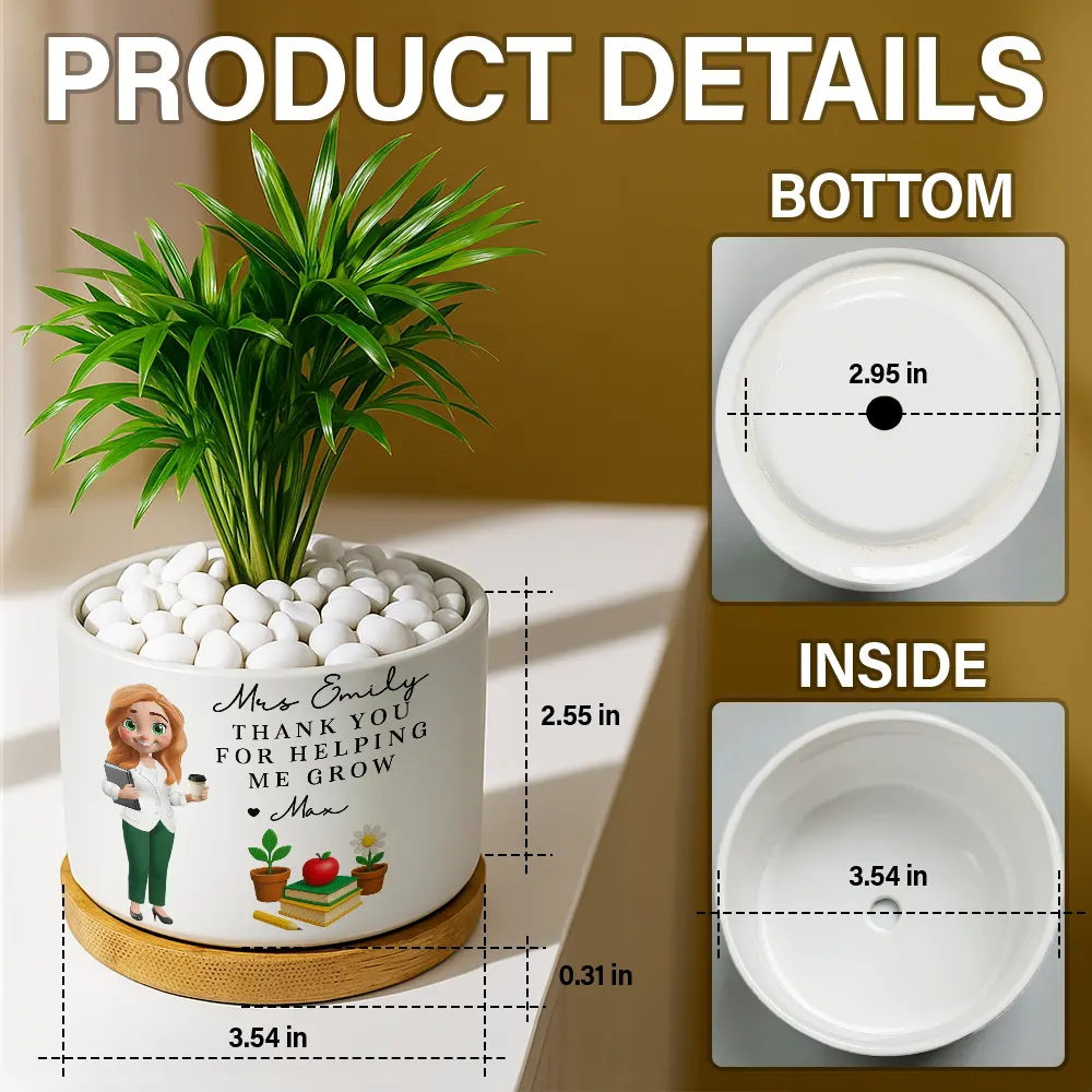 Teacher Thank You For Helping Me Grow - Personalized Ceramic Plant Pot - Image 5