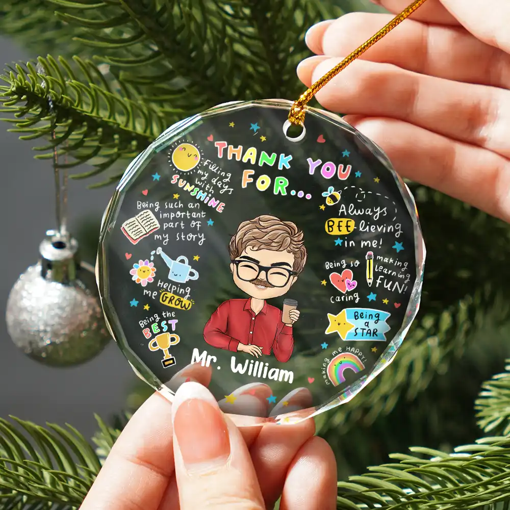 Teacher Thank You For Helping Me Grow - Personalized Circle Glass Ornament - Image 2