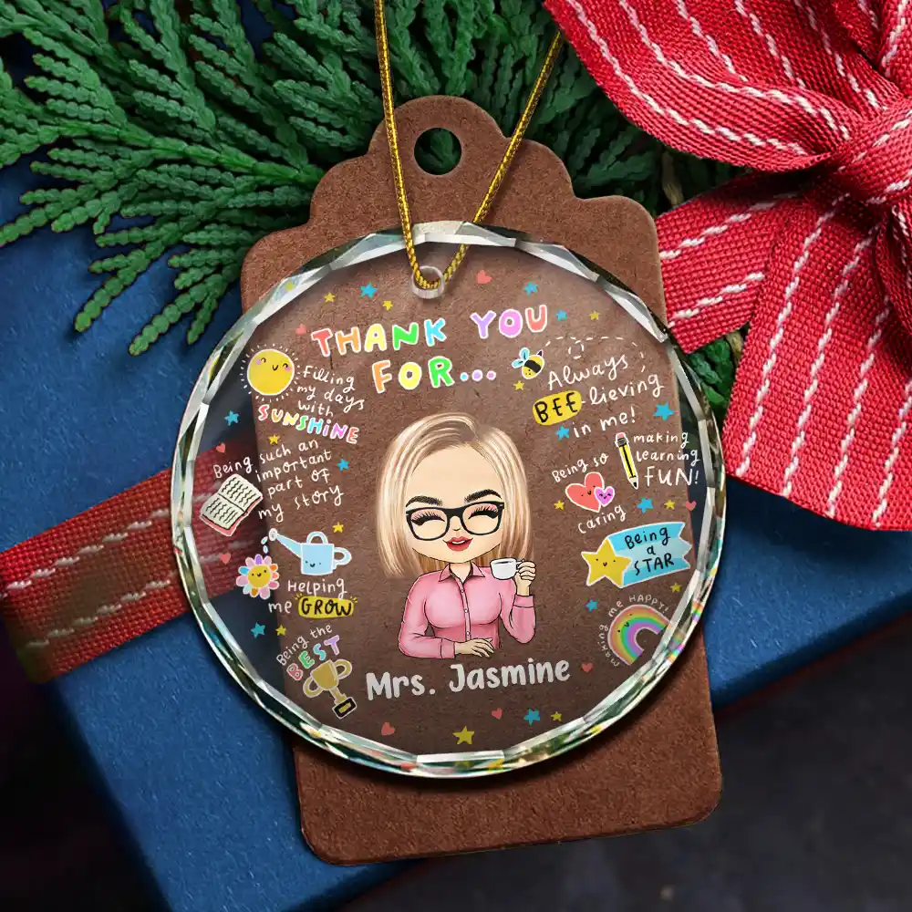 Teacher Thank You For Helping Me Grow - Personalized Circle Glass Ornament - Image 5