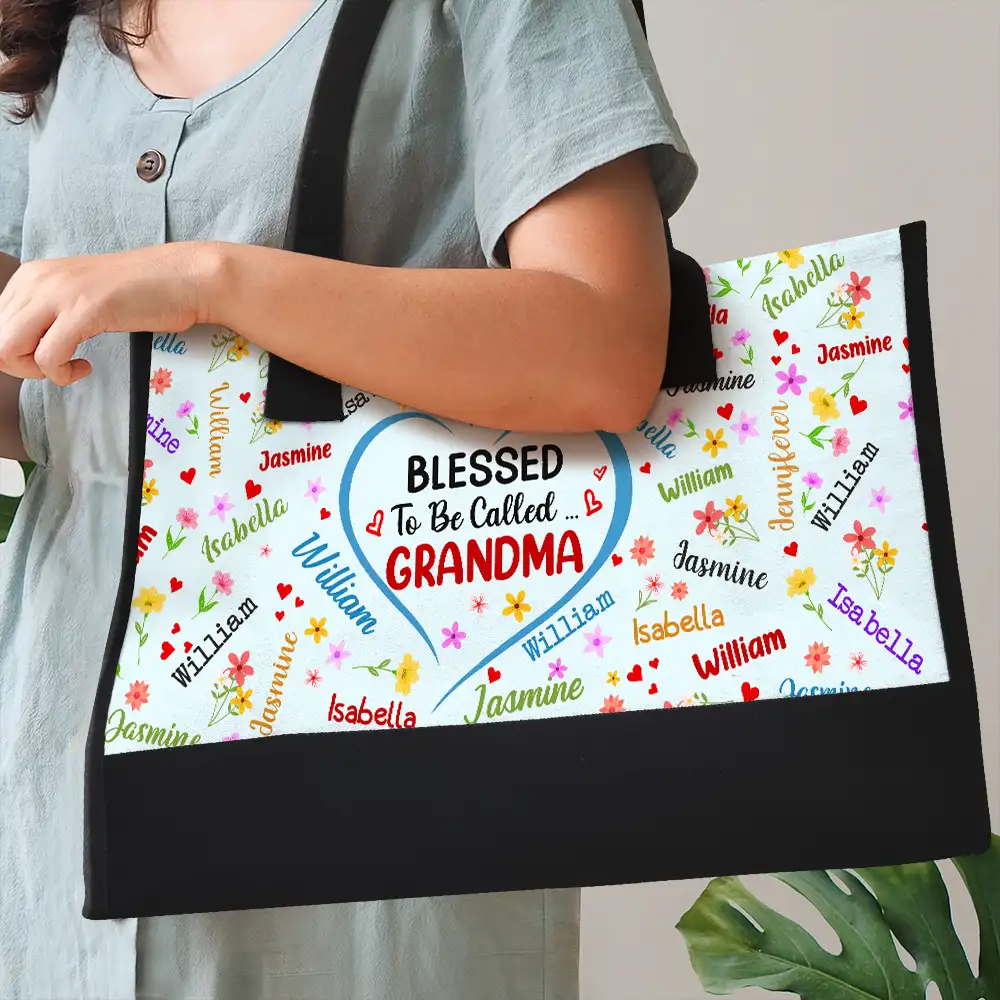 Text Pattern Bless To Be Called Grandma Nana Mom - Personalized Canvas Tote Bag - Image 3