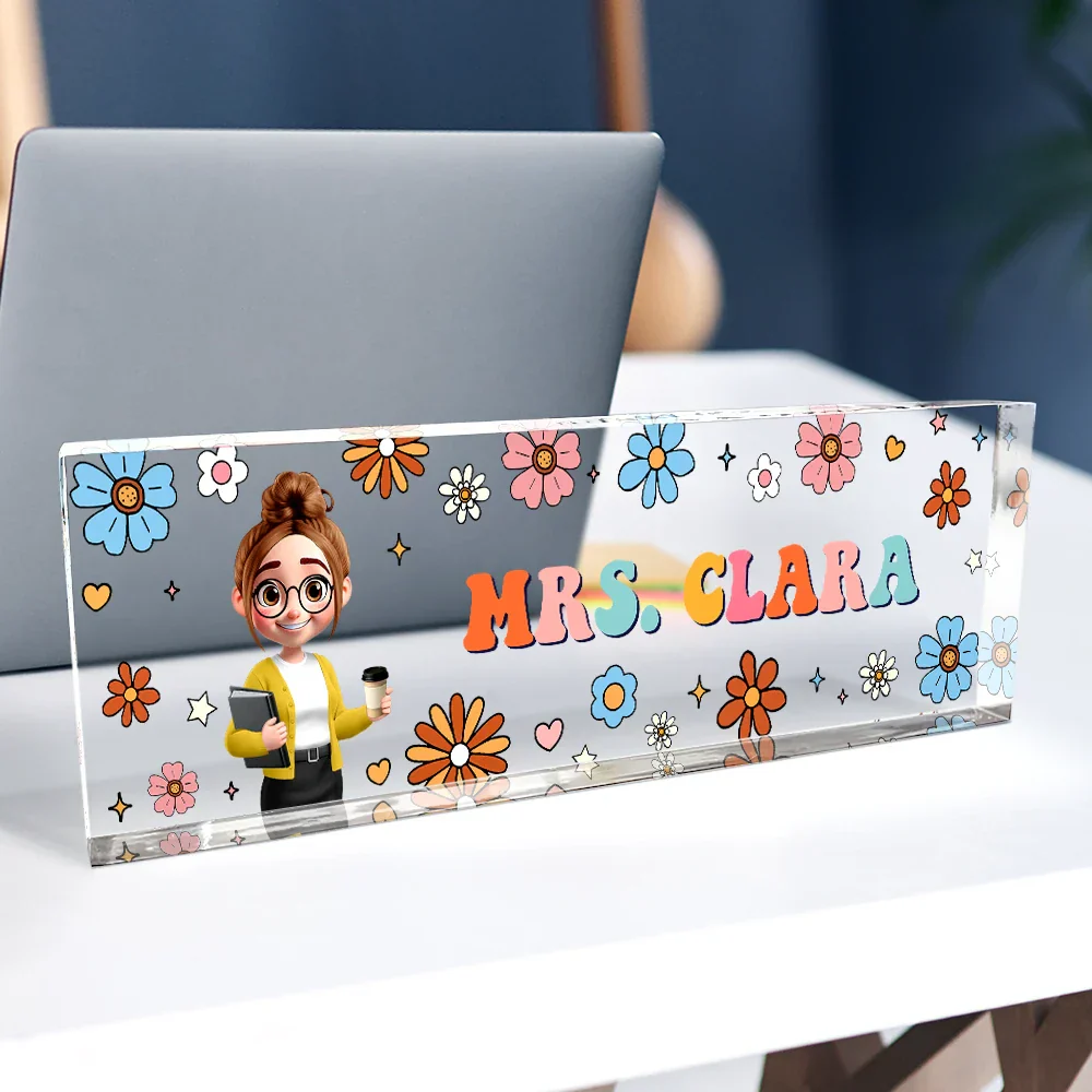 Text Pattern Groovy Retro Teacher Name - Personalized Desk Name Plate - Image 2