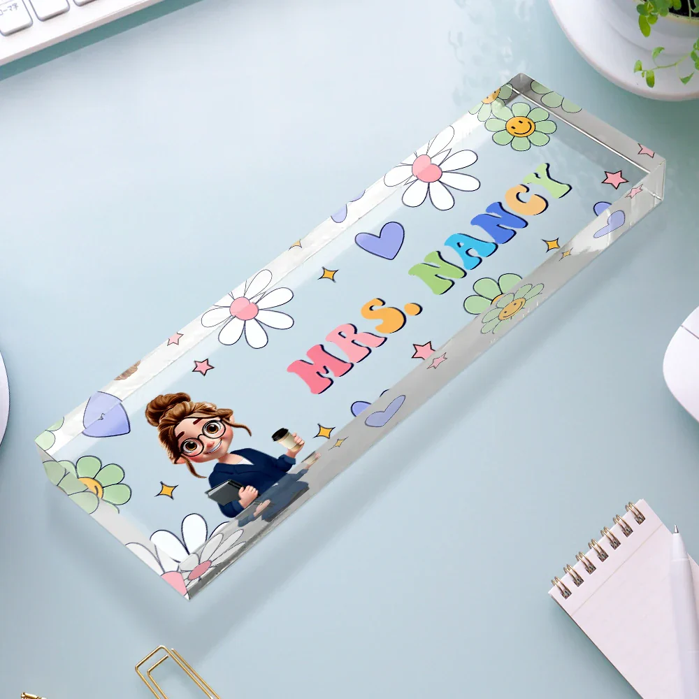 Text Pattern Groovy Retro Teacher Name - Personalized Desk Name Plate - Image 3