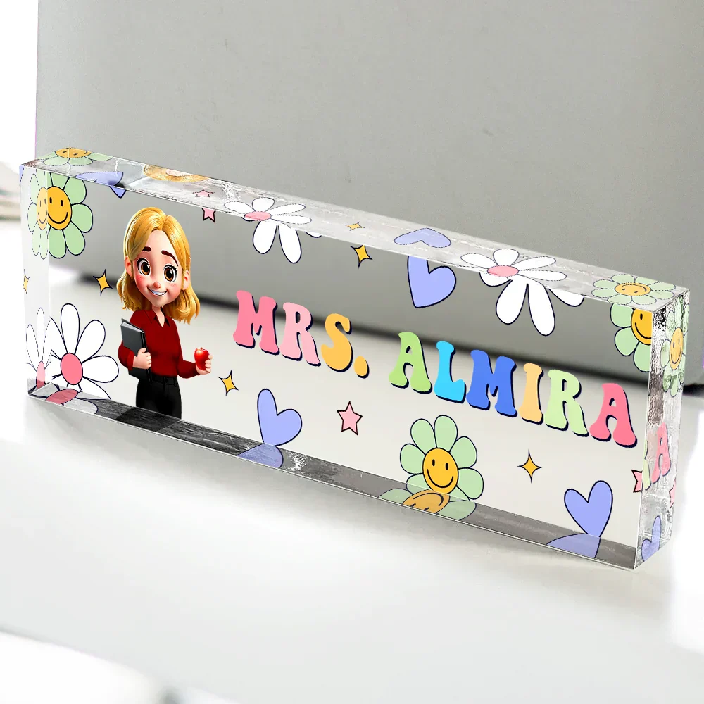 Text Pattern Groovy Retro Teacher Name - Personalized Desk Name Plate - Image 4