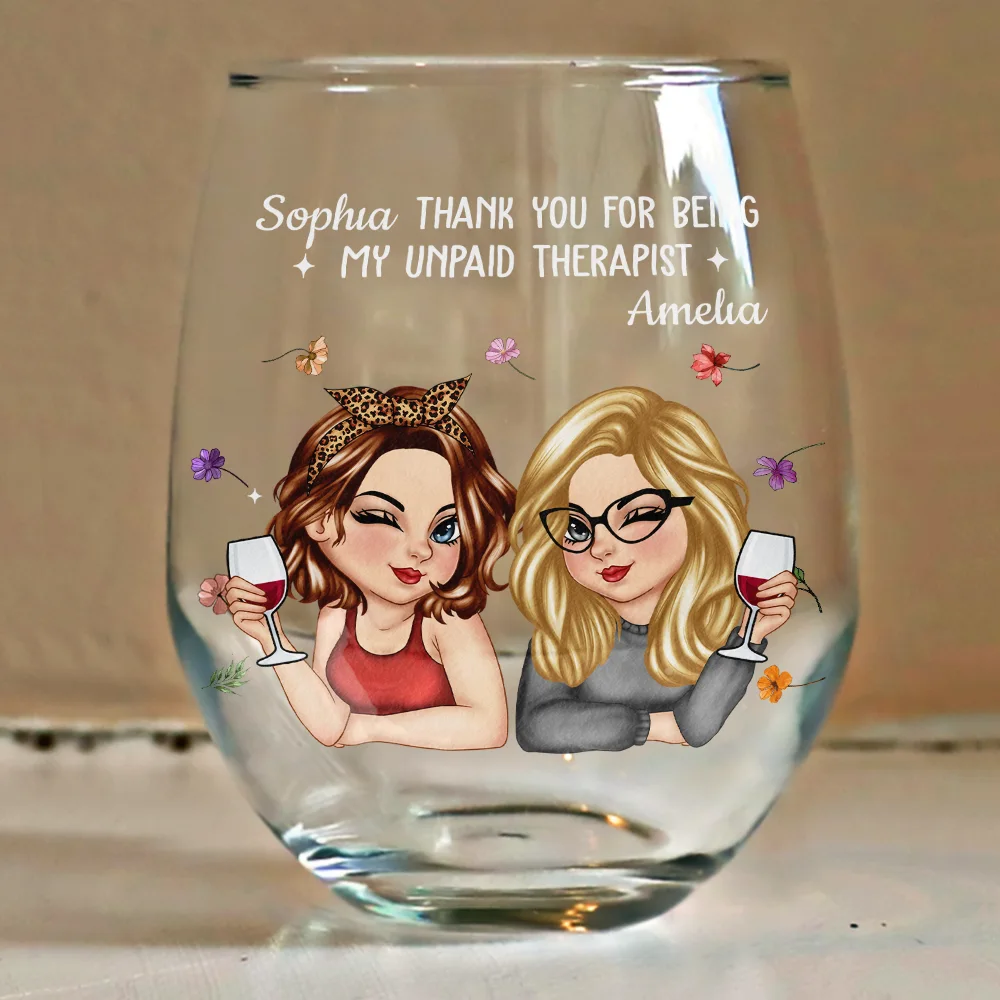 Thank You For Being My Unpaid Therapist Bestie - Personalized Stemless Wine Glass - Image 4