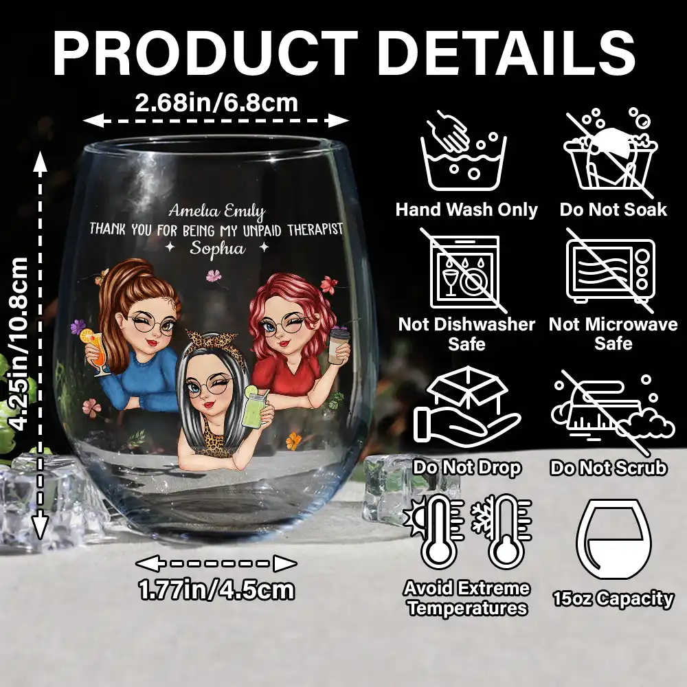 Thank You For Being My Unpaid Therapist Bestie - Personalized Stemless Wine Glass - Image 5