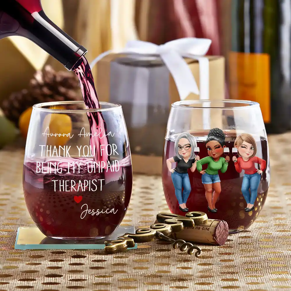 Thank You For Being My Unpaid Therapist Bestie Sibling - Personalized Stemless Wine Glass - Image 3