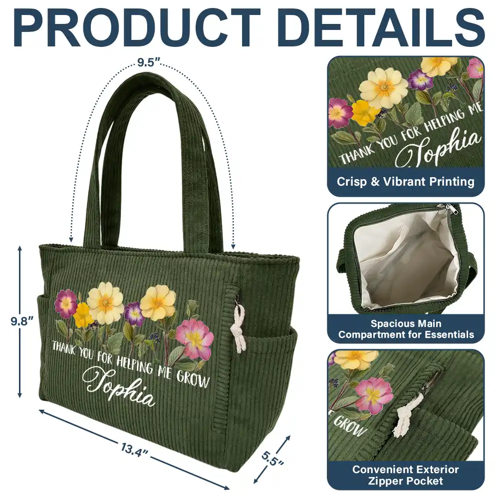 Thank You For Helping Me Grow - Personalized Corduroy Tote Bag - Image 5