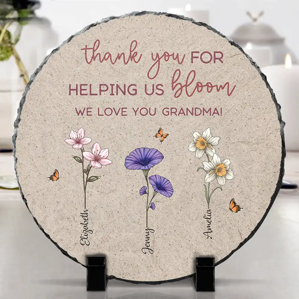 Thank You For Helping Us Bloom Grandma Mom Birth Flowers - Personalized Circle Memorial Garden Stone - Image 4