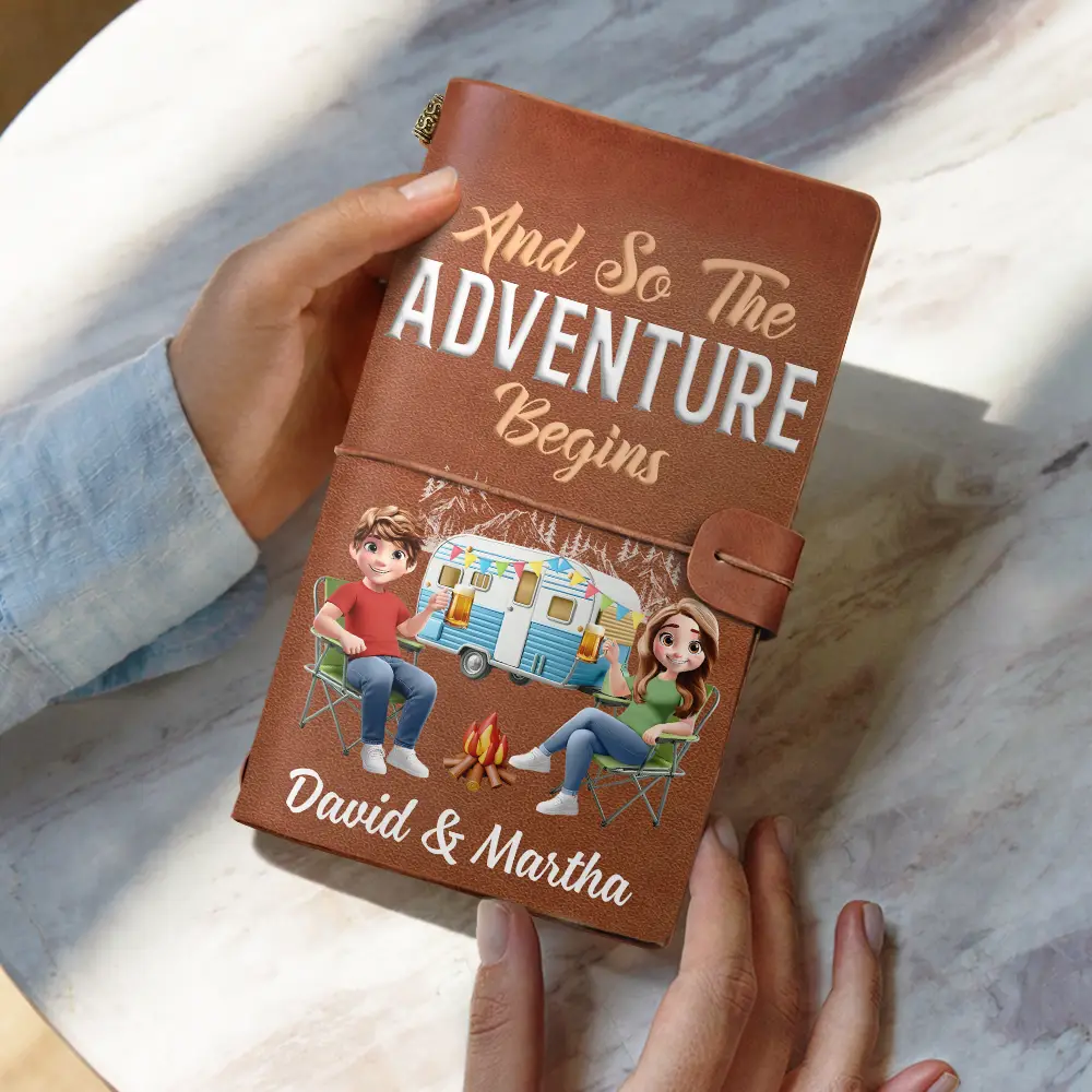 The Adventure Book 3D Effect Camping Couple Camper - Personalized Leather Vintage Journal - Image 6