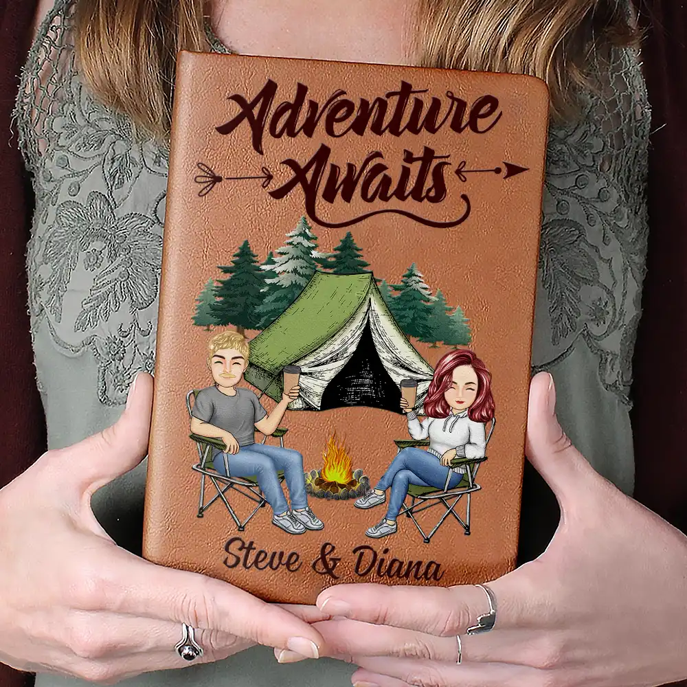 The Adventure Book Cartoon Couple Camping - Personalized Leather Journal - Image 4