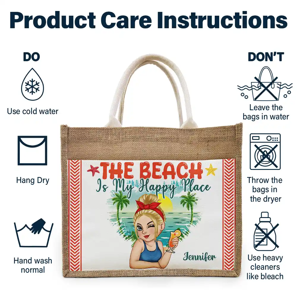 The Beach Is My Happy Place - Personalized Jute Tote Bag - Image 6