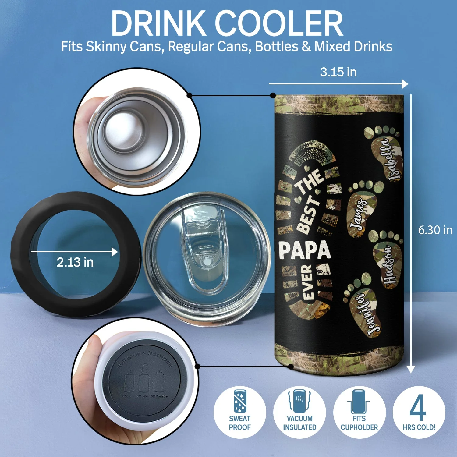 The Best Dad Grandpa Ever Footprints - Gift For Father, Grandfather - Personalized 4 In 1 Can Cooler Tumbler - Image 4