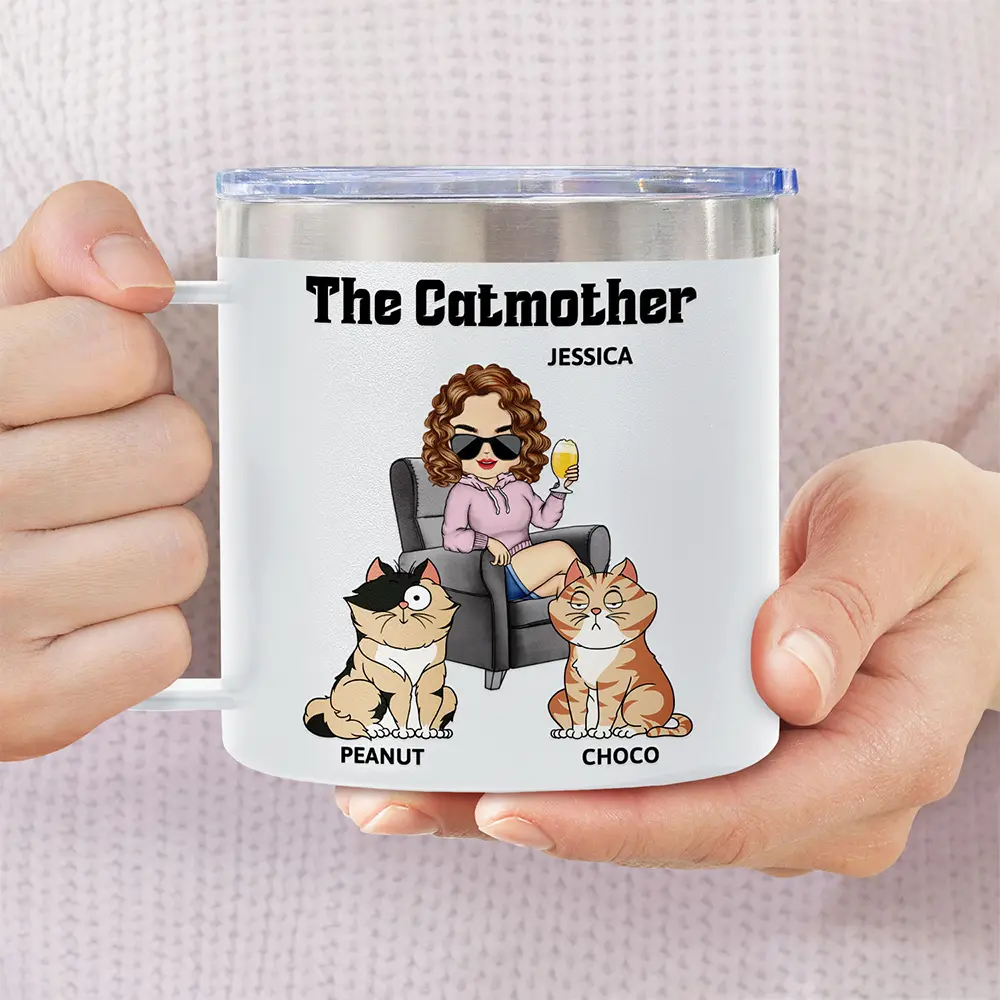 The Catfather Catmother - Personalized 14oz Stainless Steel Tumbler With Handle - Image 4
