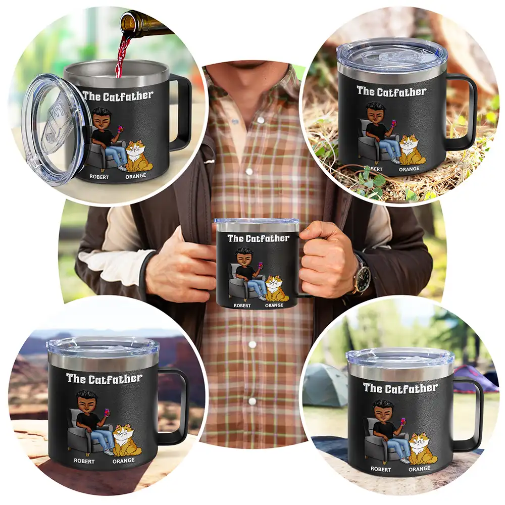 The Catfather Catmother - Personalized 14oz Stainless Steel Tumbler With Handle - Image 6