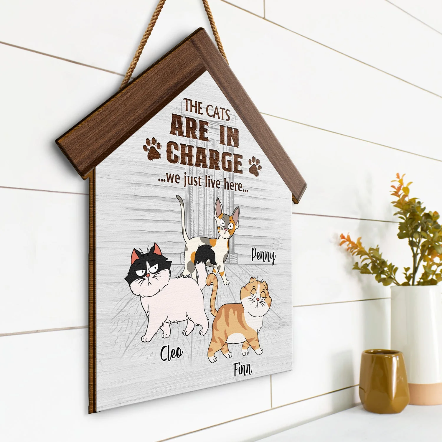 The Cats Are In Charge - Gift For Cat Lovers - Personalized Custom Shaped Wood Sign - Image 2