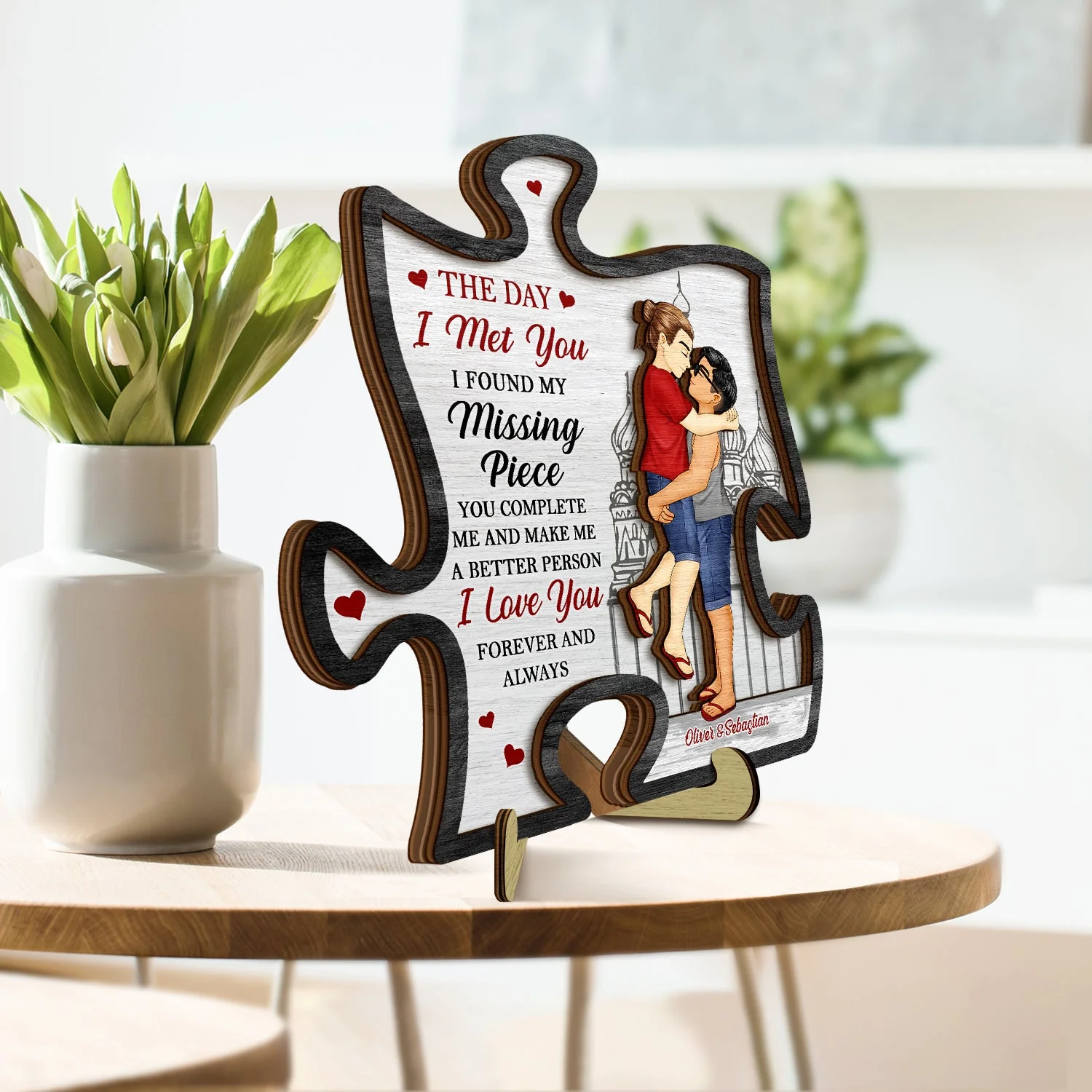 The Day I Met You I Found My Missing Piece - Anniversary Gift For Spouse, Lover, Couple - Personalized 2-Layered Wooden Plaque With Stand - Image 3