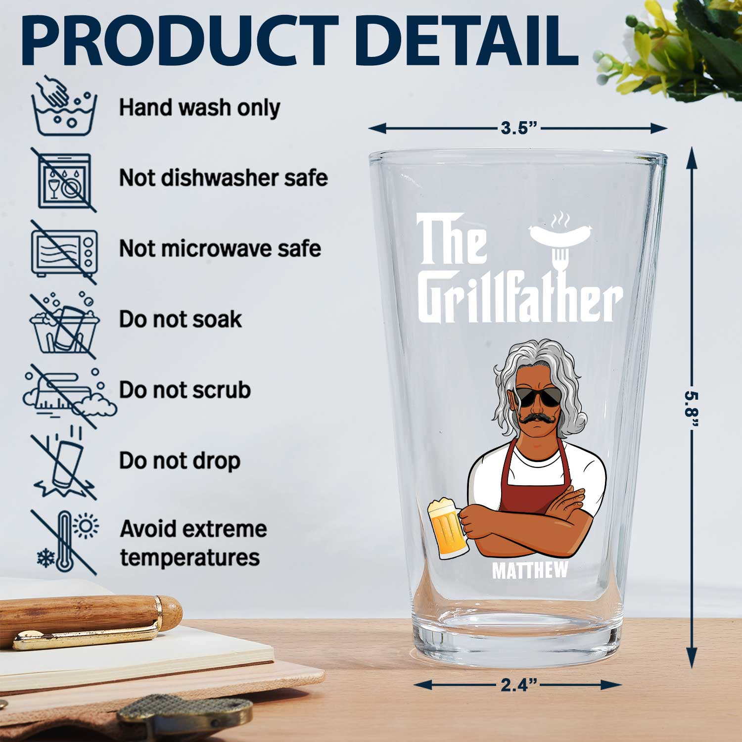 The Grill Father That's What I Do - Gift For Dad - Personalized Beer Glass - Image 5