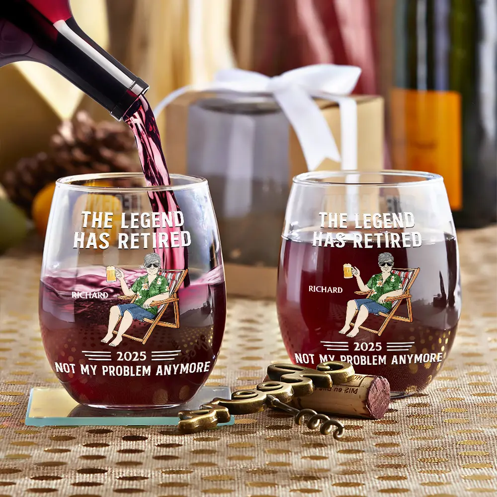 The Legend Has Retired Not My Problem Anymore - Personalized Stemless Wine Glass - Image 3