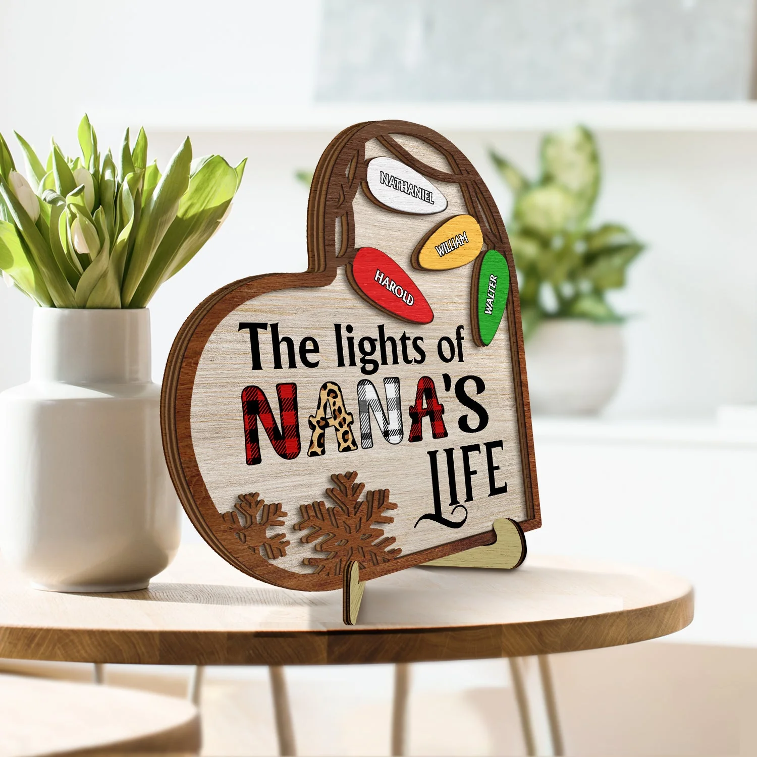 The Lights Of Nana's Life - Christmas Gift For Grandma, Mom - Personalized 2-Layered Wooden Plaque With Stand - Image 3