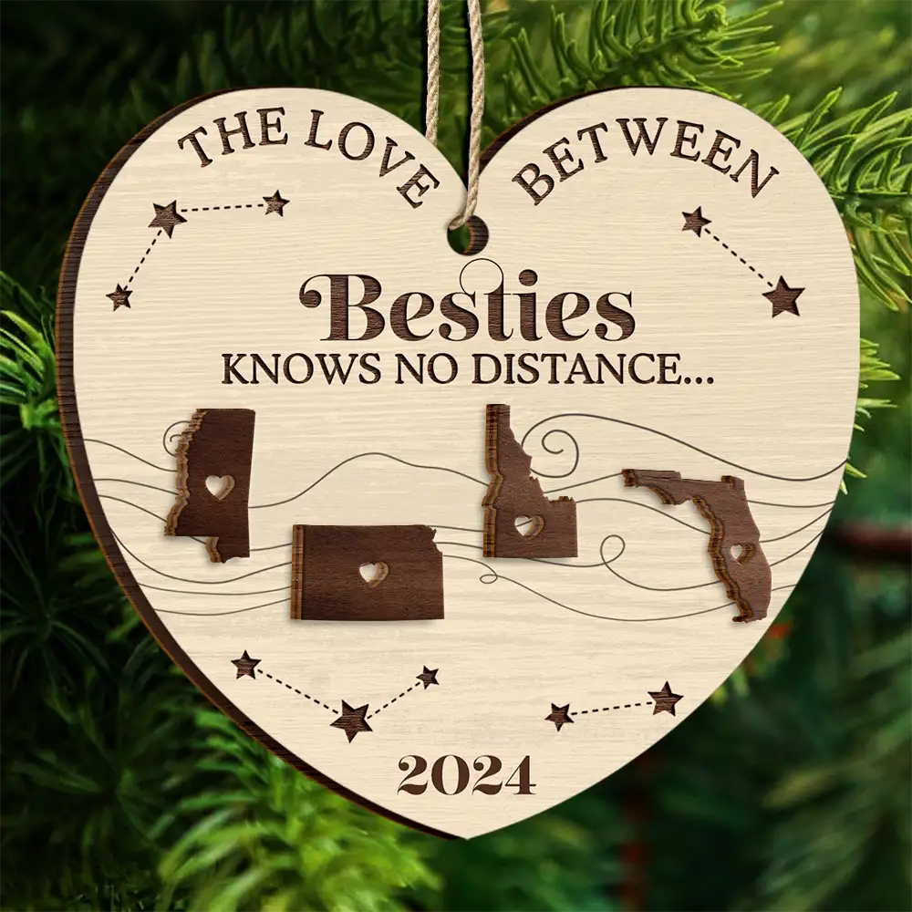 The Love Between Family Knows No Distance Christmas Heart - Personalized 2-Layered Wooden Ornament - Image 4