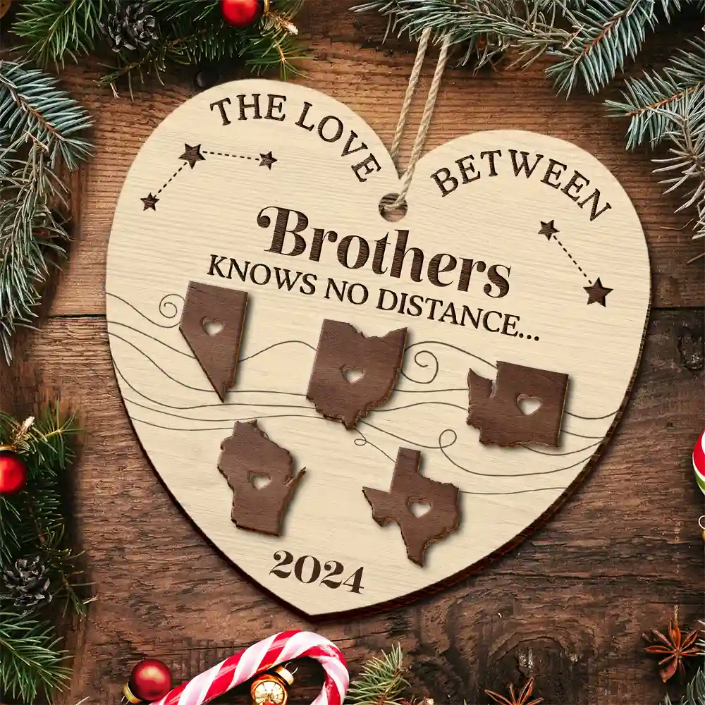 The Love Between Family Knows No Distance Christmas Heart - Personalized 2-Layered Wooden Ornament - Image 5