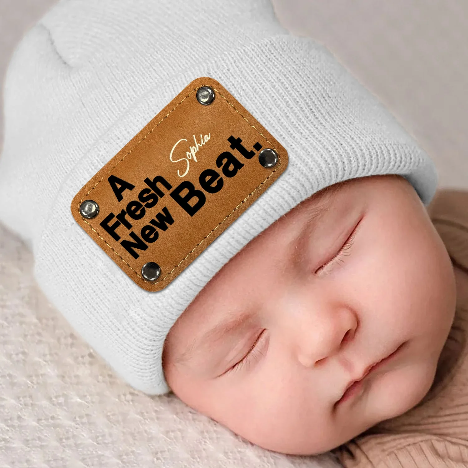 The Original Remix - Gift For Baby, Newborn, New Dad, Mom - Personalized Beanie With Leather Patch - Image 4