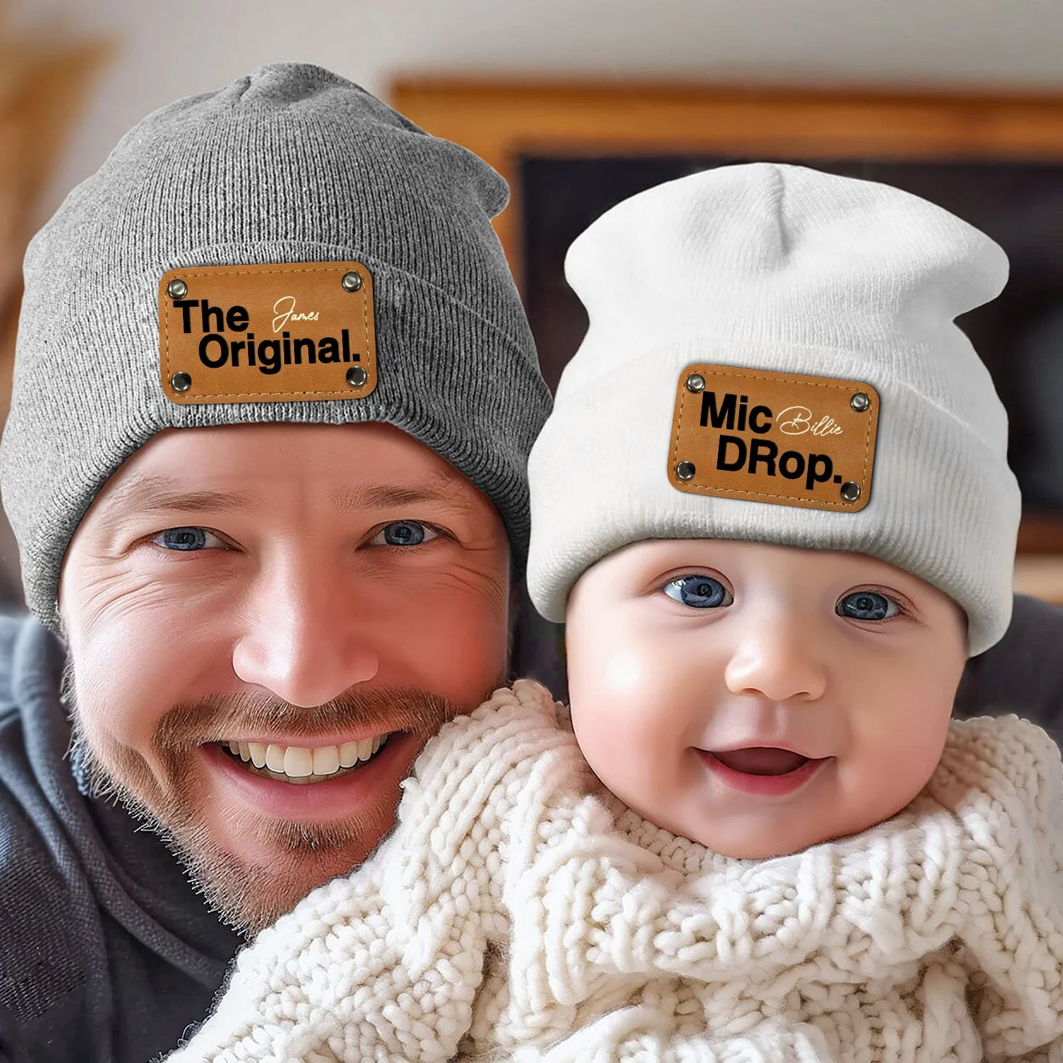 The Original Remix - Gift For Baby, Newborn, New Dad, Mom - Personalized Beanie With Leather Patch - Image 5