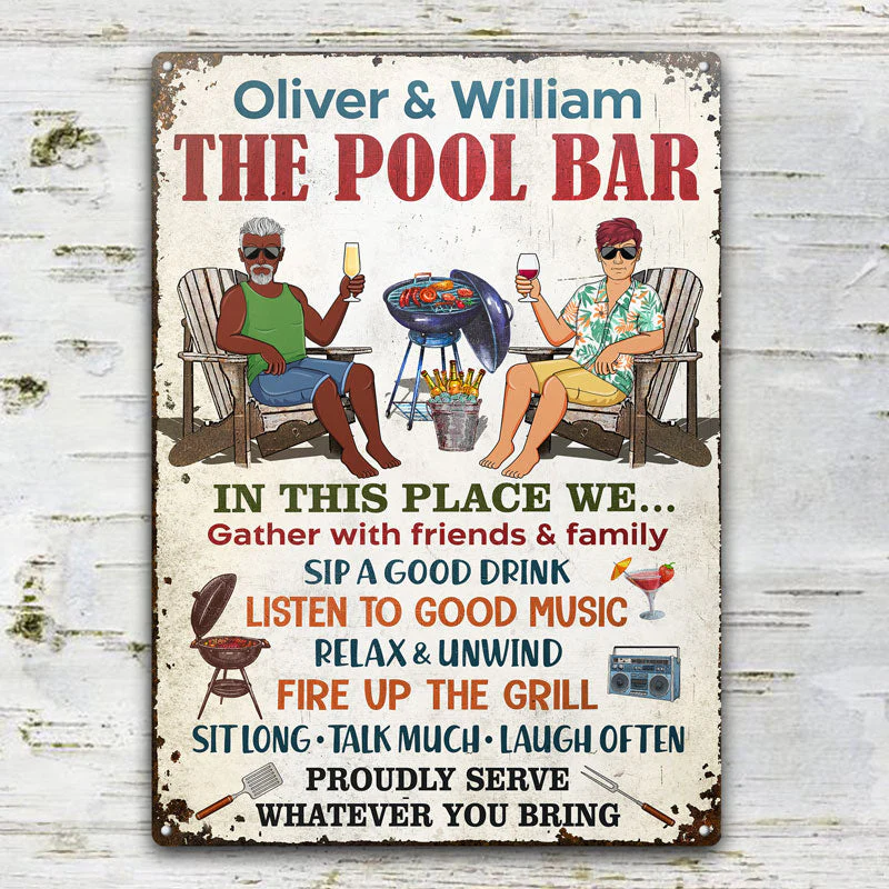 The Patio Bar We Gather With Friends And Family Grilling Couple - Backyard Sign - Personalized Custom Classic Metal Signs - Image 2