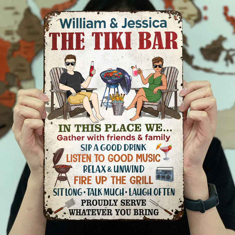 The Patio Bar We Gather With Friends And Family Grilling Couple - Backyard Sign - Personalized Custom Classic Metal Signs - Image 3