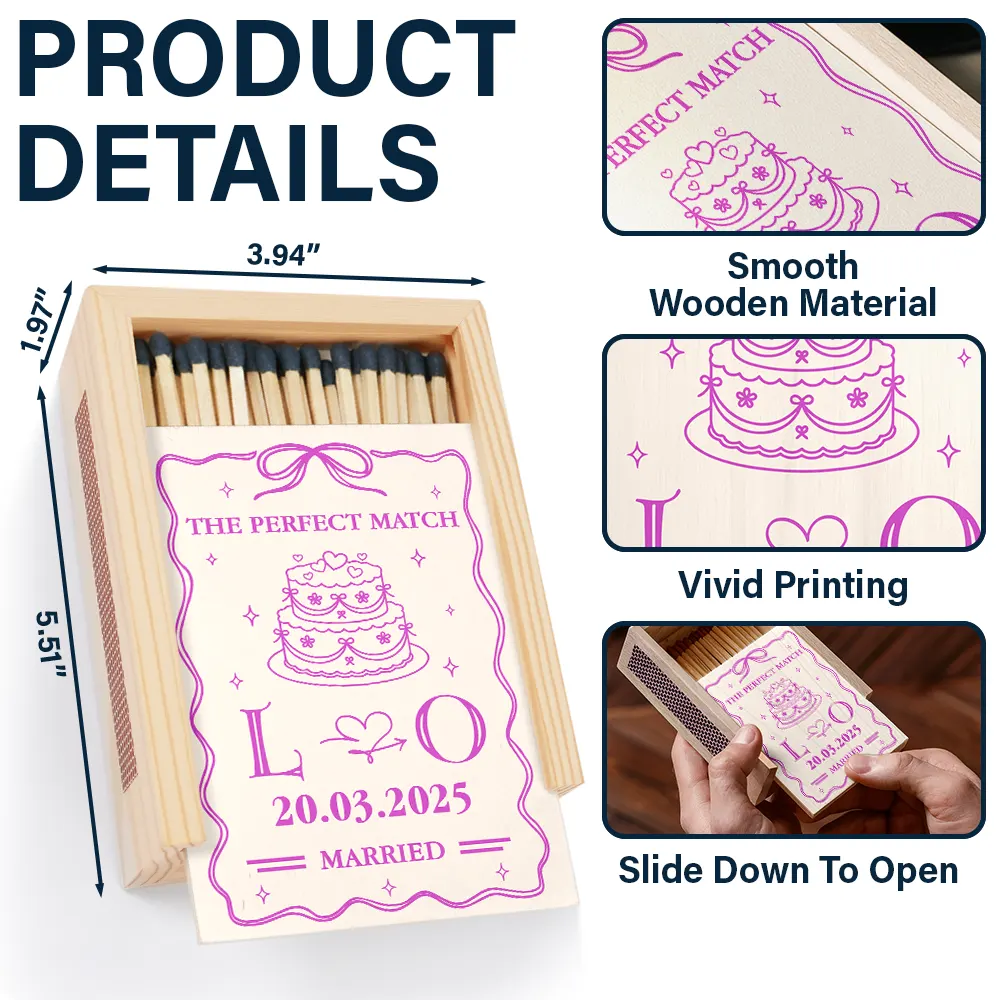 The Perfect Match Engaged Married - Personalized Wooden Matchbox - Image 4