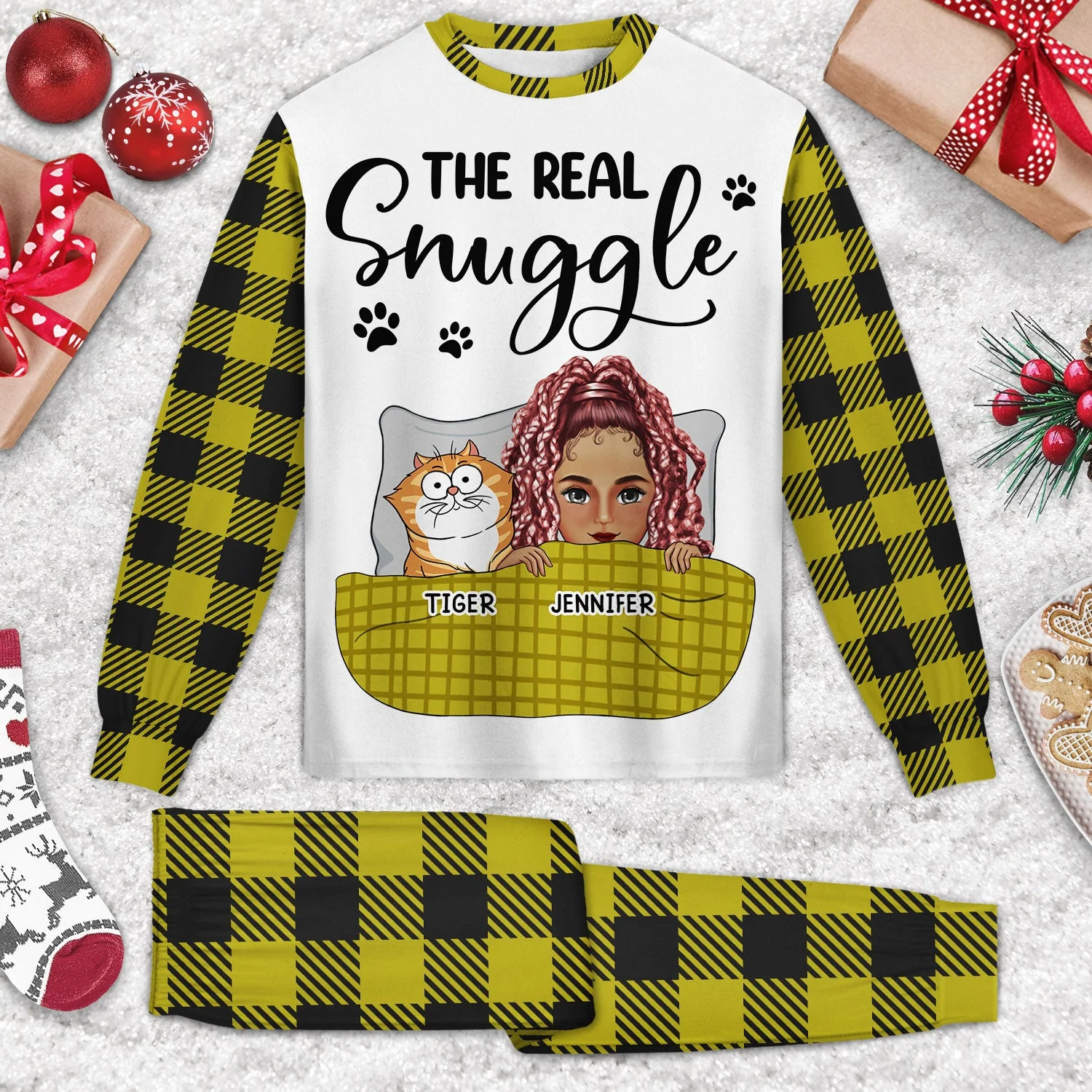 The Real Snuggle Cartoon Style - Gift For Cat Lovers, Cat Mom, Cat Dad - Personalized Unisex Pajamas Set - Image 2