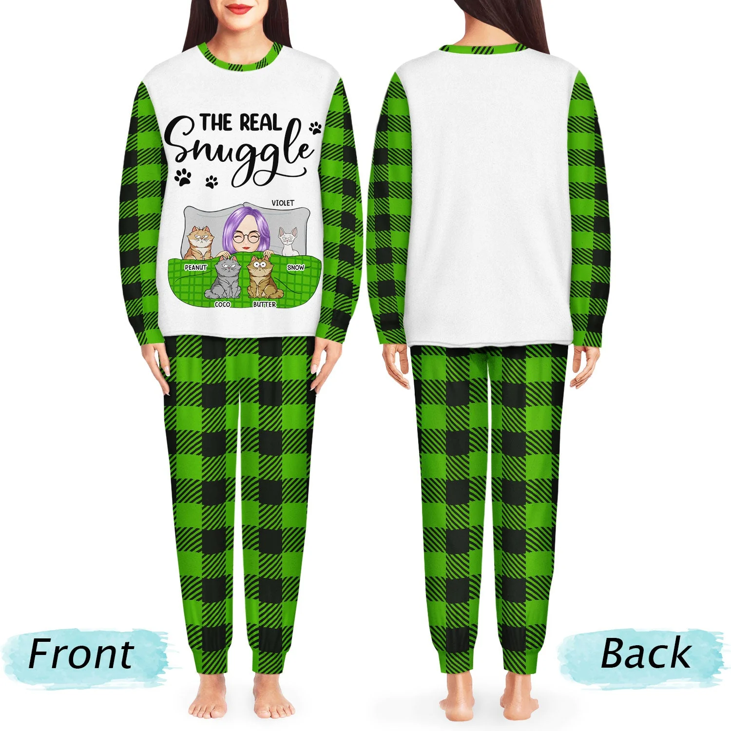 The Real Snuggle Cartoon Style - Gift For Cat Lovers, Cat Mom, Cat Dad - Personalized Unisex Pajamas Set - Image 3