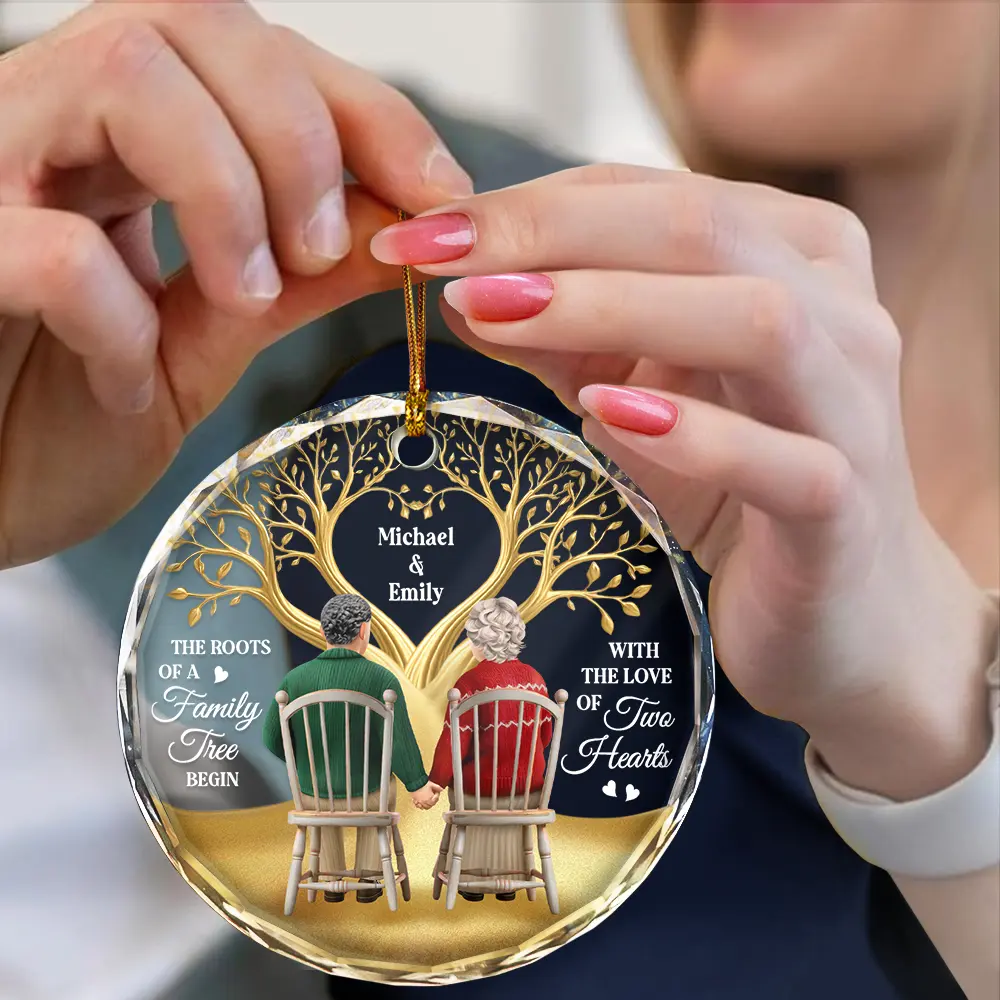 The Roots Of A Family Tree Begin With Two Hearts - Personalized Circle Glass Ornament - Image 4