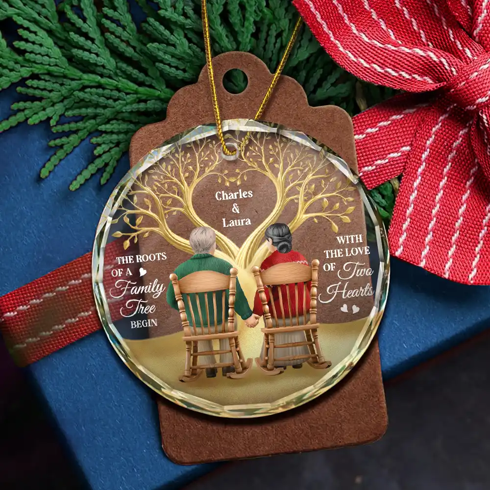The Roots Of A Family Tree Begin With Two Hearts - Personalized Circle Glass Ornament - Image 5