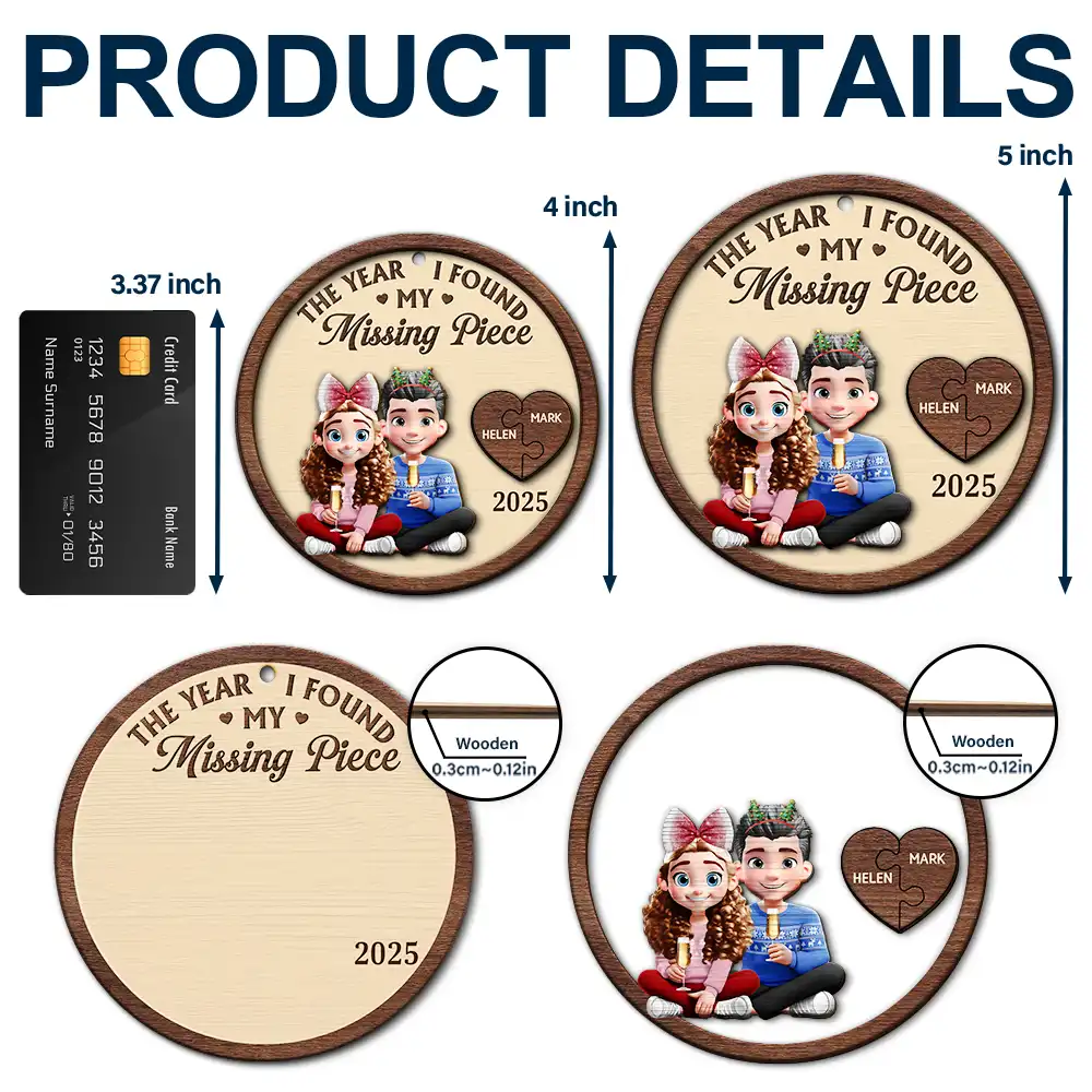 The Year I Found My Missing Piece 3D Effect Cartoon Couple - Personalized 2-Layered Wooden Ornament - Image 5